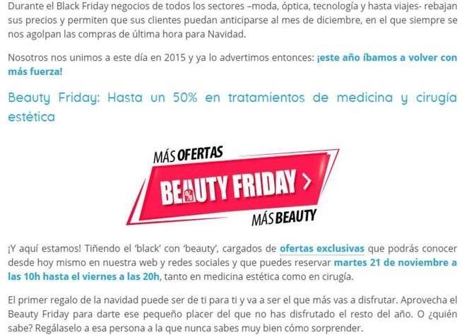 Noticia clíniques de dubtosa reputació, anunci Beauty Friday